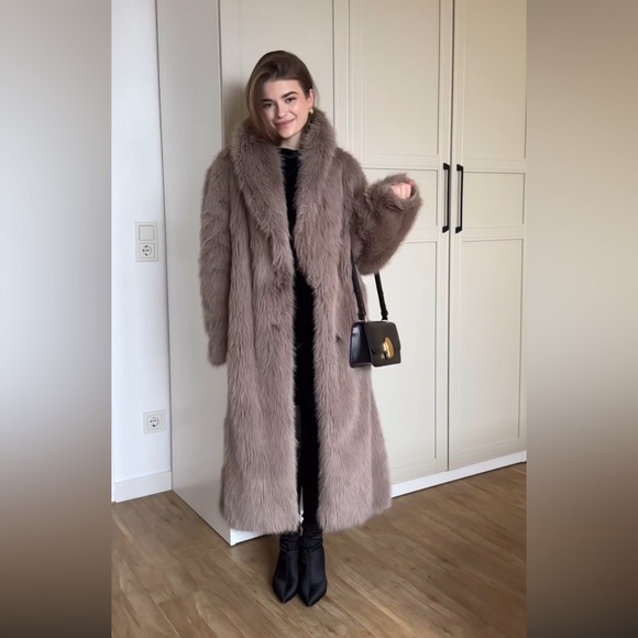 ZARA TAUPE GRAY LONG FAUX FUR COAT - Picture 5 of 16